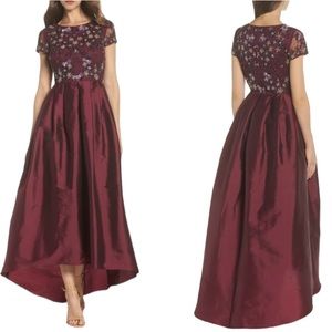 LN Adrianna Papell Cabernet Beaded Floral High Low Flowy Gown Maxi Dress - 6